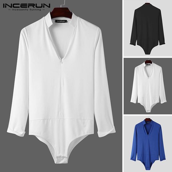 

men's t-shirts man fashion solid fitness t shirts incerun men long sleeve stand collar bodysuit hombre zipper rompers s-5xl, White;black