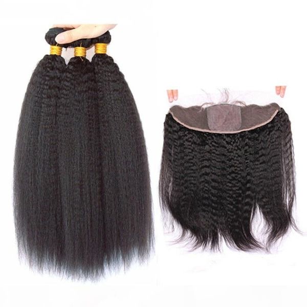 

kinky straight mongolian virgin hair weaves with silk frontal coarse yaki human hair 3bundles with silk base 13x4 lace frontal closure, Black;brown