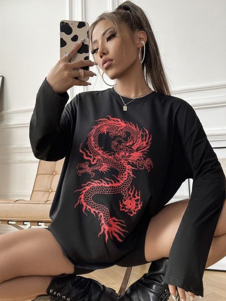 

chinese dragon print drop shoulder tee k25d#, White