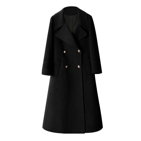

2020 new winter women woolen coat casual double-breasted long coat elegant female jacket casaco feminino black plus size m798