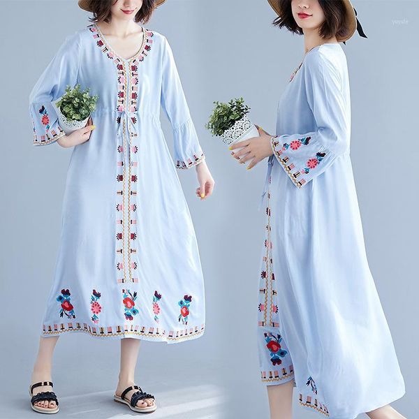 

2020 womens vintage retro mexican ethnic v- neck loose hippie floral embroidery boho dress summer casual chic dresses vestidos1, Black;gray