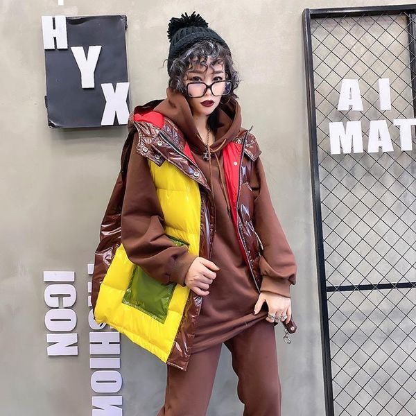 

2021 new average female winter long shiny vest matching sleeveless hoodie quilted thick jacket y177 dfpg, Black;white