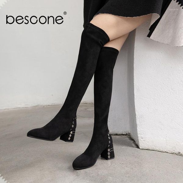 

bescone black ladies over the knee boots winter handmade comfortable suede square heel shoes new basic slip-on women boots bm3041