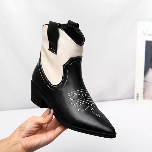 

boots 2021 autumn winter classic embroidered pu leather cowboy ankle for women thick heel snake print western cowgirl boot, Black