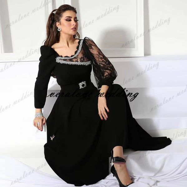 

modern a line velvet prom dress illusion long sleeves robe de soirÃ©e dubai daudi evening party gowns, Black