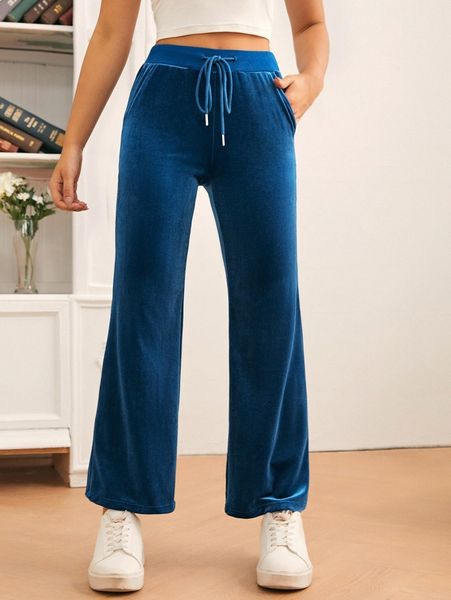 

petite drawstring waist velvet straight leg pants g4fi#, Black;white