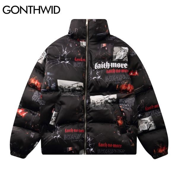 

gonthwid thick warm parkas jackets poster print cotton padded zipper coat hip hop casual streetwear winter harajuku outwear 201217, Black