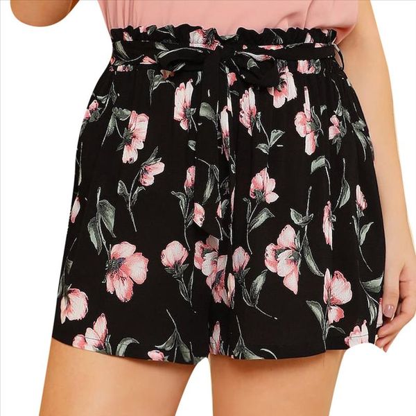 

мода женский богемский повседневная плюс размер распечатать высокая талия плиссированный натяжной ремень широкие ноги шорты пантонес де вера, White;black