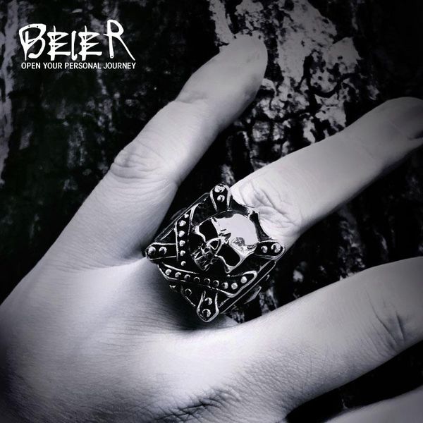 

бейер новое прибытие уникальный дизайн стиль нержавеющая сталь кристалл стали цвета золота кольца черепа punk rock for men ювелирная br q026, Bronze;silver