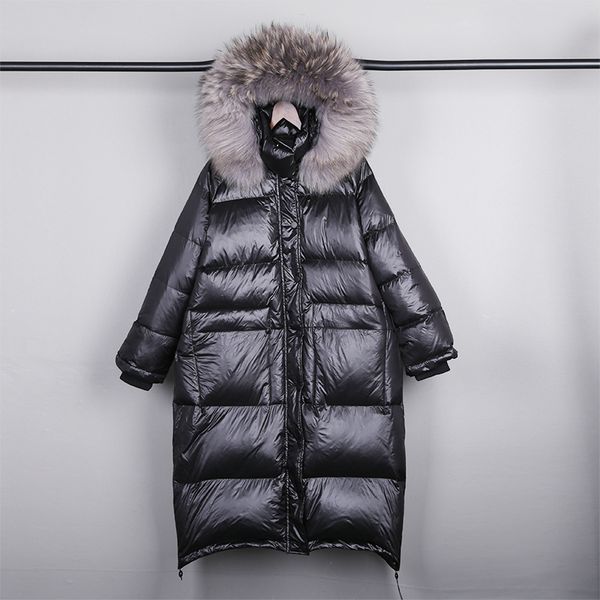 

real natural fur 2020 new winter jacket women loose duck down jacket female long down parka thick hooded coat plus size overcoat c1204, Black