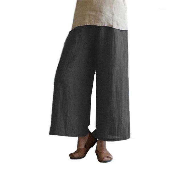 

vintage solid color cotton linen plus size women wide leg pants baggy trousers1, Black;white