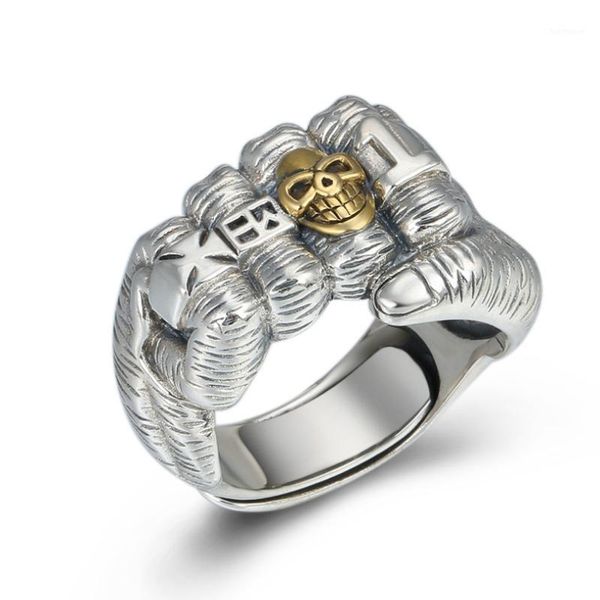 

s925 sterling silver fist ring for man women real silver creative skull power fist male female domineering open ring jewelry1, Golden;silver