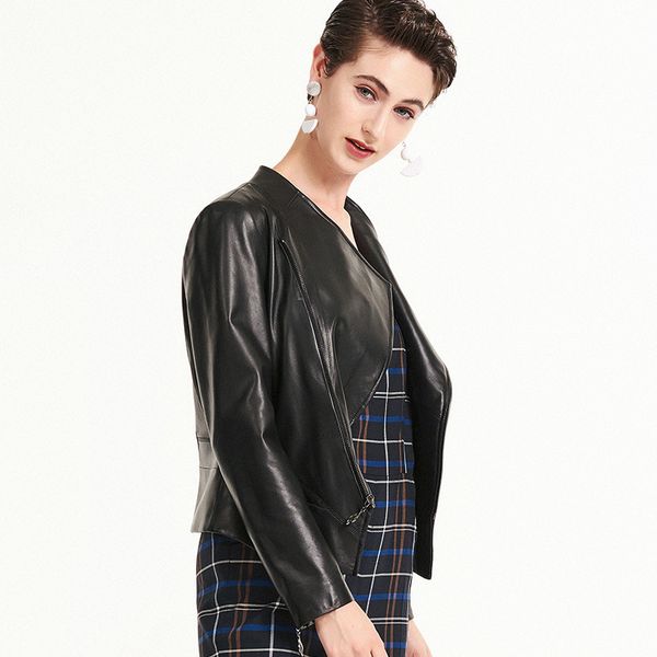 

street 2020 korean clothes women genuine leather short lambskin motorcycle jacket 8wl6, Black
