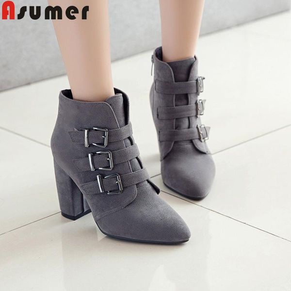 

boots asumer 2021 autumn winter pointed toe zip buckle square high heels shoes prom flock ankle for women plus size, Black