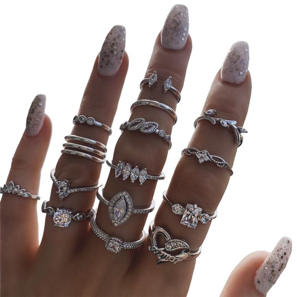 

15pcs/sets bohemian geometric rings sets for women vintage silver clear crystal cz zircon stone rings jewelry accessories, Golden;silver