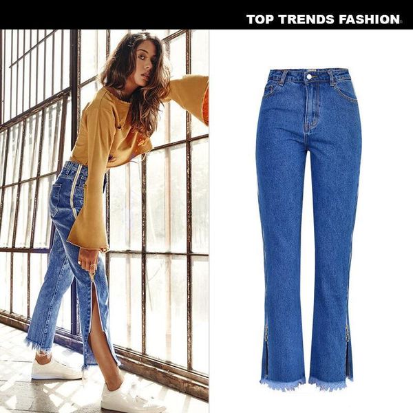 

woomen high waist loose straight flare jeans double side zippers tassel denim pants mom jeans mujer 27441, Blue