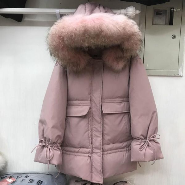 

tcyeek fashion women's down jacket winter large fur hooded pink duck down coat female korean thick warm parka hiver lw23581, Black
