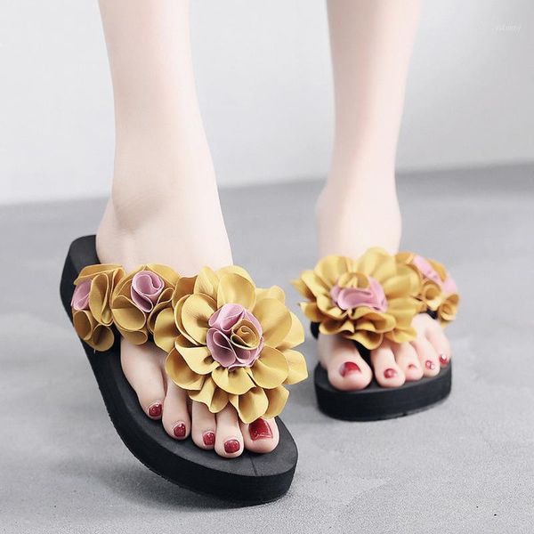 

slippers summer non-slip women flip flops fashion outdoor shoes sweet flower 3cm wedge ladies beach holiday 35-411, Black