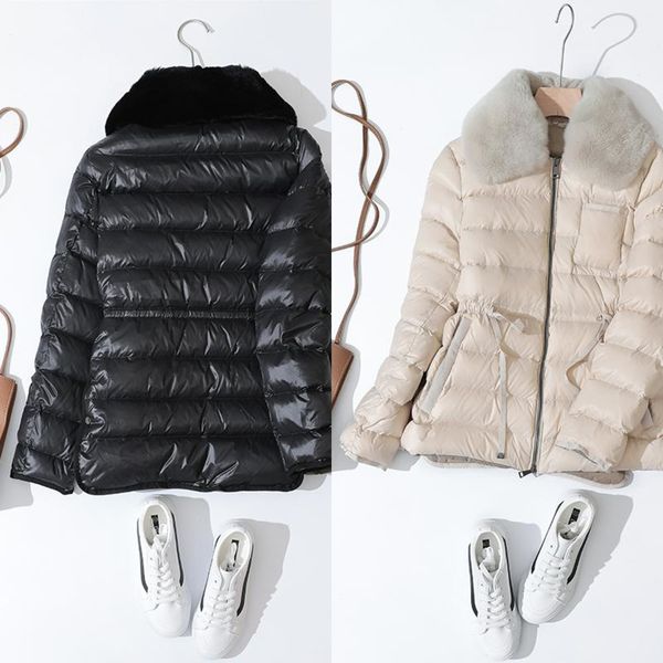 

ailegogo winter ultra light 90% duck down jacket women large natural rabbit's hair white duck down parka sash tie up warm coats c1204, Black