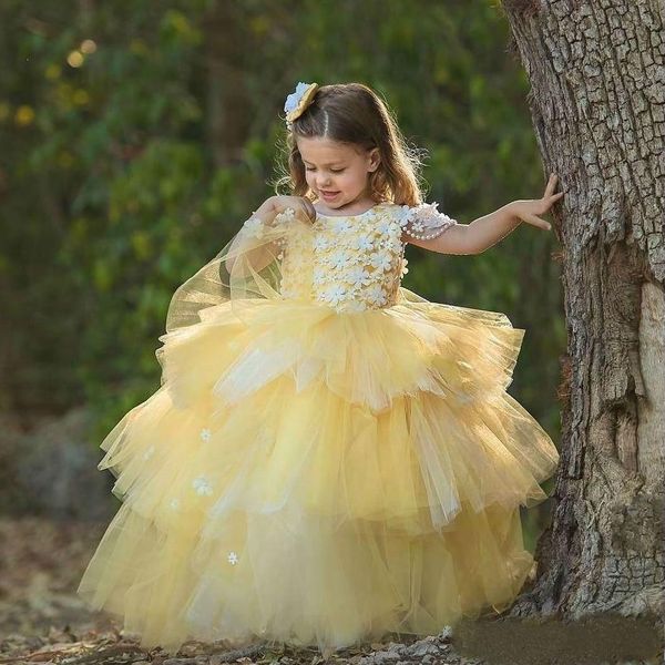 

light yellow flower girl dresses cap sleeves 3d floral appliques ruched ball gown girls communion dress tutu skirts birthday wear, White;blue