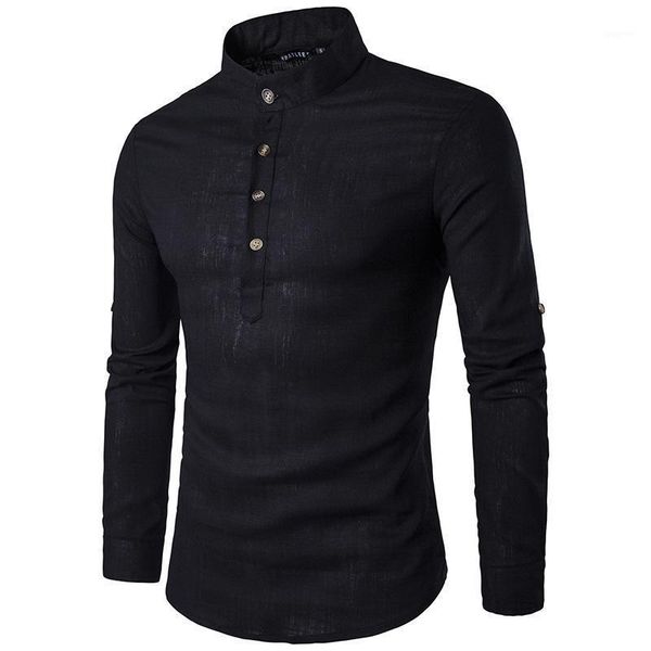 

men henry neck shirts casual shirt men solid color shirt long-sleeved breathable cotton linen standing collar 1, White;black