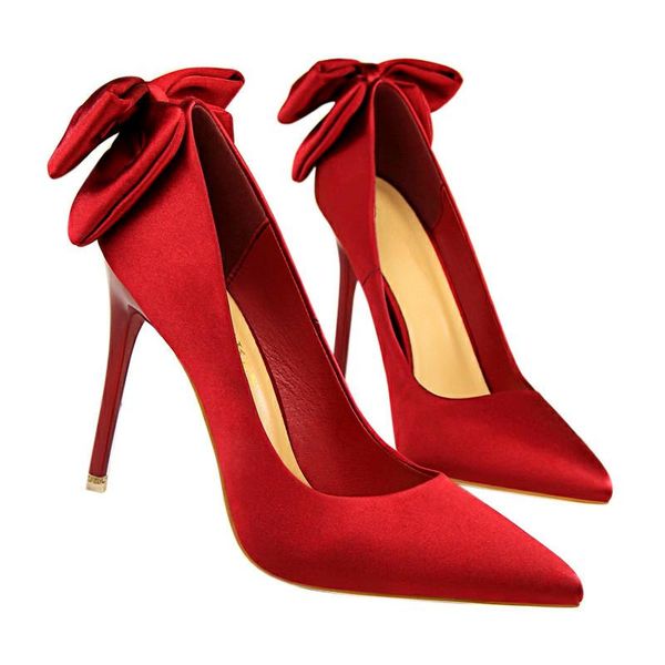 

2020 new satin pointed toe women high heels bow shoes fashion sweet office shoes lady pumps thin heel female wedding, Black