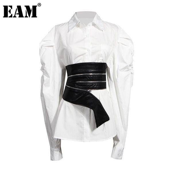 

eam] women white irregular zipper pu blouse new lapel long puff sleeve loose fit shirt fashion tide spring autumn 2020 1z594