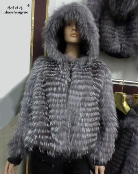 

linhaoshengyue real fur coat with hooded long-sleeved coat, Black