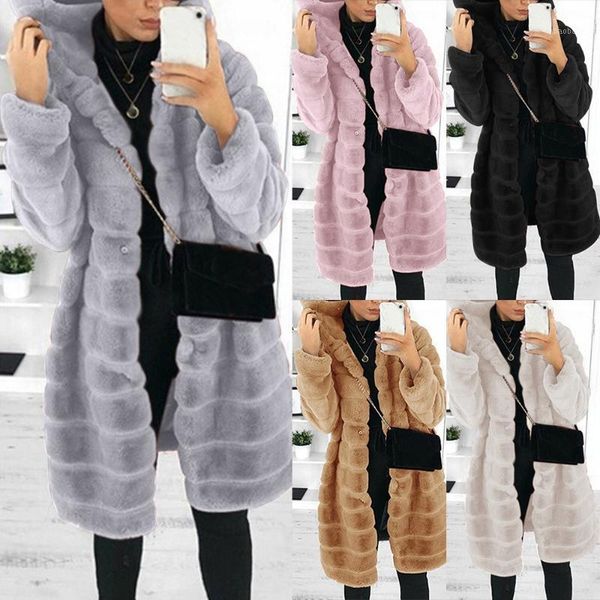 

winter casual solid teddy coat women long sleeve fleece long jacket hooded lamb fur coat outerwear fourrure1, Black