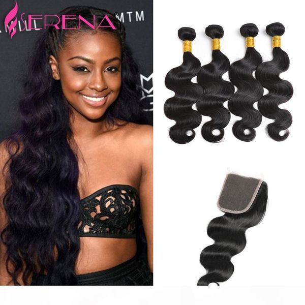 

body wave brazilian virgin hair with lace frontal closure 4 bundles human hair bundles with lace frontal closure 4*4 lace frontal closure, Black;brown