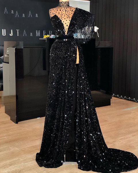 

long black formal evening dresses glitter sequined one shouler v neck crystals high slit dubai women tassel prom party gowns plus size, Black;red