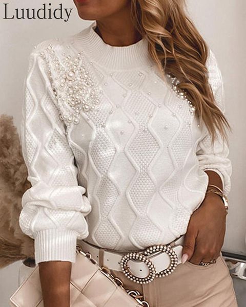 

women elegant long sleeve o-neck sweater femme solid beaded design casual sweaters plus size, White;black