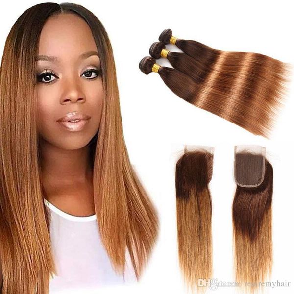 

ombre two tone 4 30# black and brown human hair lace closure brazilian peruvian malaysian straight hair bundles 3 4pcs with closure, Black;brown