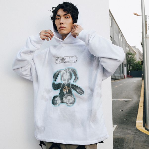 

new autumn and winter of men stained bear imprint oversize hoodie custom custom-made casual fashion brand with dark hood released hip, Black