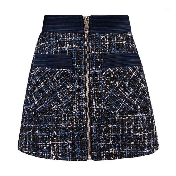 

perhaps u women tweed skirts a-line solid mini short autumn winter chic elegant zipper black navy blue pocket s02521