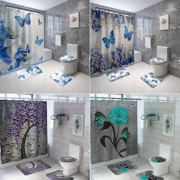 

blue butterfly print shower curtain 4 piece carpet cover toilet cover bath mat pad set bathroom curtain with 12 hooks ho wmteci