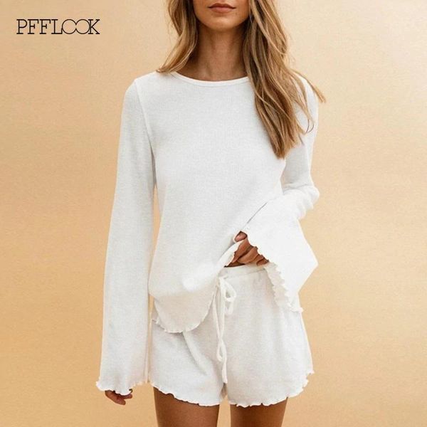 

pfflook white casual two piece set o-neck long sleeve 2 piece set women basic and shorts solid summer female outfits 20201, Gray