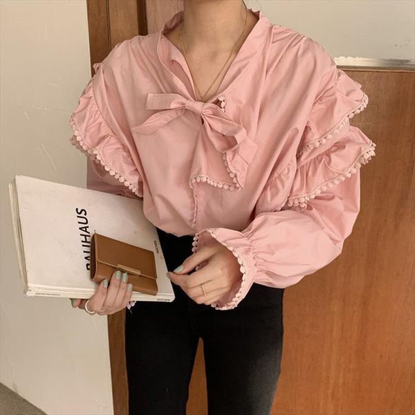

2020 elegant sweet solid ruffles irregular lace brief chic femme blusas women blouses new spring loose shirt, White