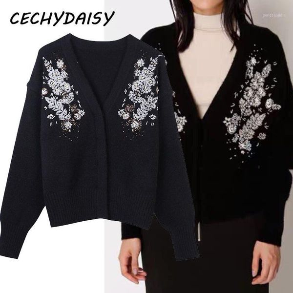 

v-neck knitted cardigan women autumn winter clothes beading sequined luxury outwear punk femme chandails1, White