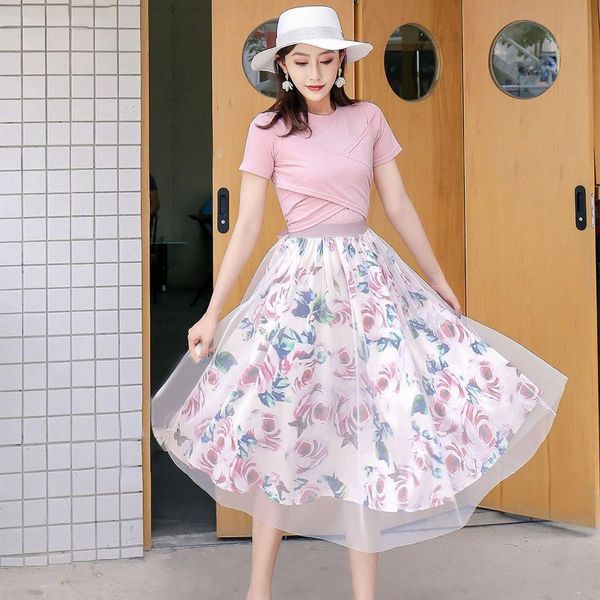 

women irregular t shirt+mesh skirts suits bowknot solid vintage floral skirt sets elegant woman sets #t2g, Gray