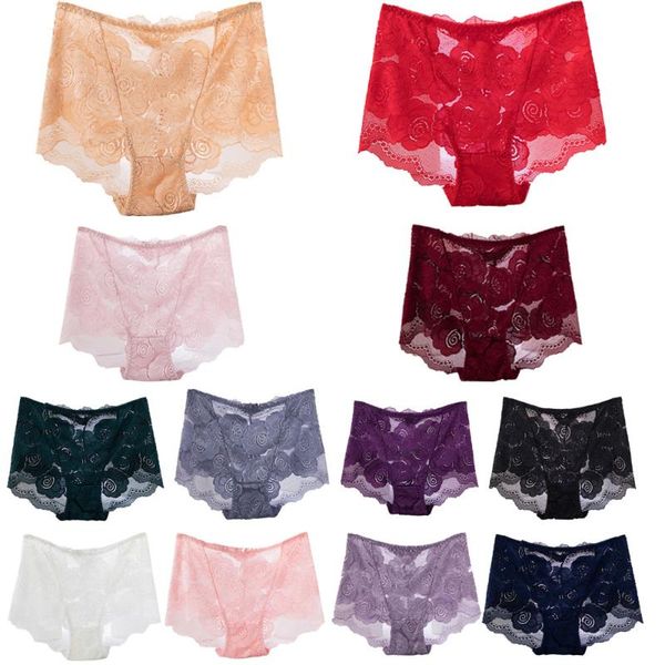 

12 pcs fashion large size high-rise lace transparent panties women underwear panties cotton crotch briefs lingerie, Black;pink