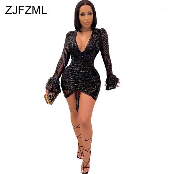 

black/white ruched drawstring party club dress woman deep v neck feather long sleeve sequin dress elegant skinny slim mini1, Black;gray