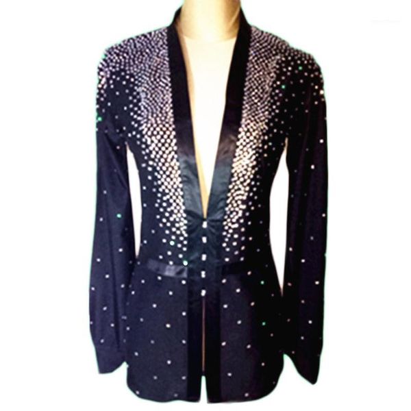 

latin dance shirts men black long sleeve v neck sequin diamond ballroom shirt competition performance wear customize dn23691, Black;red