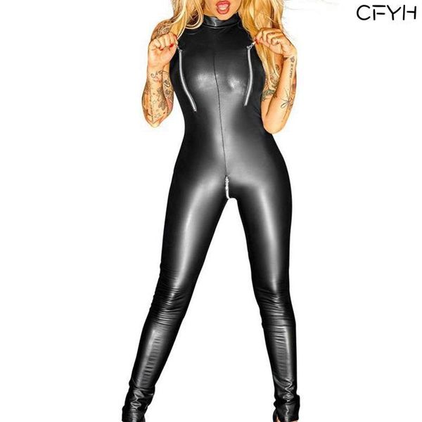 

wholesale- 2017 women latex open crotch jumpsuit erotic clubwear zipper gothic punk leather catsuits lady nightclub bodysuit1, Black;white