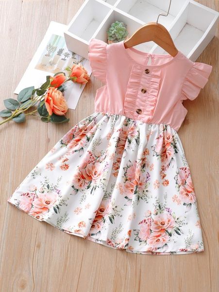 

toddler girls floral print frill trim fake button dress she, Red;yellow