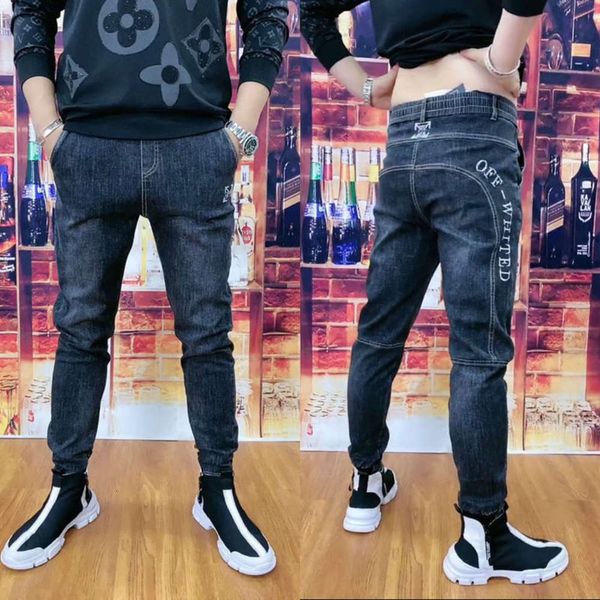 

jeans men's autumn and winter 2020 new letter casual pants stretch handsome slim personality leggings trend men, Blue