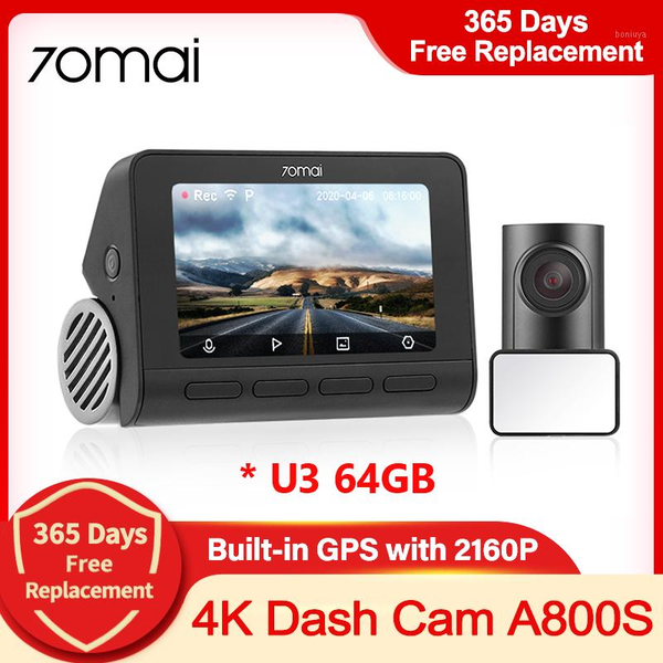 

car dvr dvrs 70mai 4k a800s dash cam real camera auto video recorder built-in gps adas front rear dual vision 24h park guard1