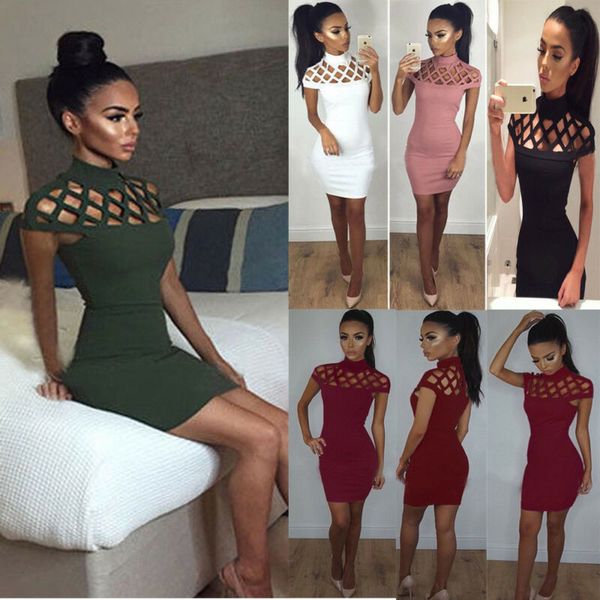 

women mesh hollow out dress high neck ladies slim short sleeve evening party pencil mini dress kg-233, Black;gray