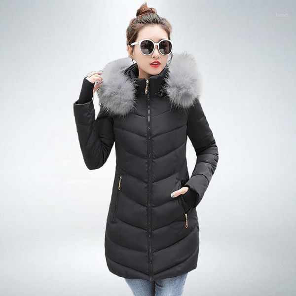 

winter women long jacket new solid slim parka mujer plus size hooded fur collar thick outwear women's winter coat 20211, Black