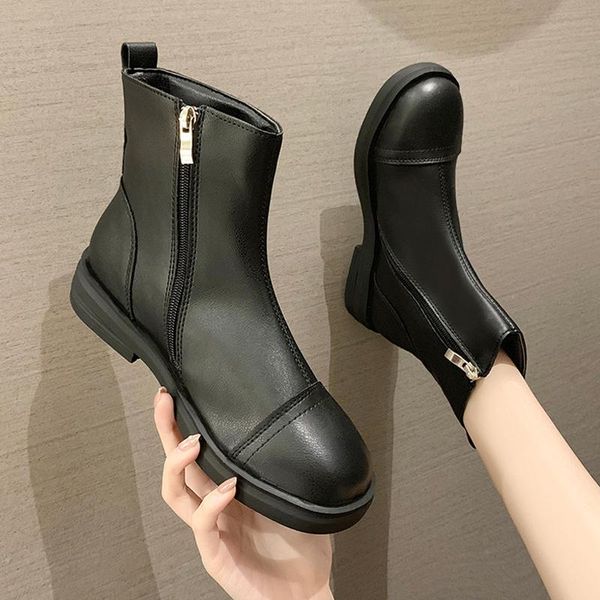 

zipper winter boots lady brand women's shoes flat heel boots-women round toe 2020 fashion med rock ankle rubber autumn solid, Black